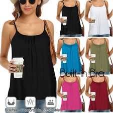 Women Camisole Sleeveless Vest with Built in Bra Flowy Tank Top Adjustable Strap
