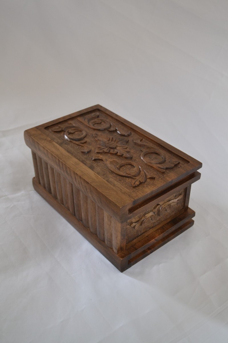 Wooden puzzle box, Walnut wood carved jewelry box with hidden key