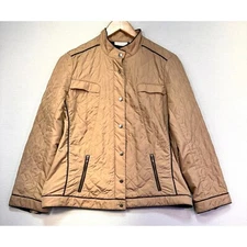 Chicos Womens Quilted Jacket Size 2 Medium Tan Snap Front Zipper Pockets