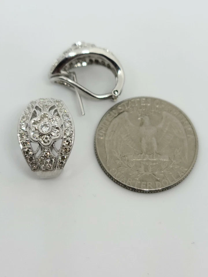 18K White Gold Natural Diamond Floral Motif Omega Clip Back Earrings MSRP $2,750 - Image 4 of 4