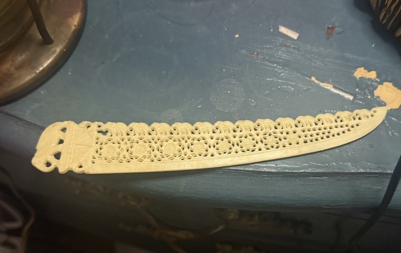 Vintage Asian Train of Elephants Letter Opener  7" Ivory-like Filigree MCM