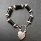 Victorian Solid Silver Whitby Jet Bracelet Big Heart Padlock Engraved Flowers