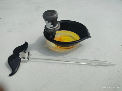 Saki Bomb Hackysacky 2011 Signed Mustache Dabber & Matching Glass Dish Set