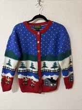 VTG 1988 Eddie Bauer Women Chunky Holiday Intarsia Wool Cardigan Sz S Slouchy