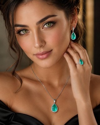 Damen Schmuck Set Mode Smaragd Grün Ohrring Halskette Armband Geschenk Anhänger