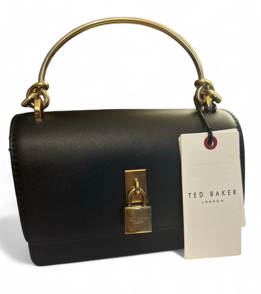 Ted Baker London Black Leather Top Handle Bag Gold Padlock Charm Detached Strap - Image 2 of 4