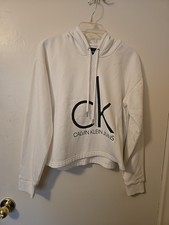 Calvin Klein CK Teens White Crop Top Hoodie Size L Long Sleeve Cotton/Fleece