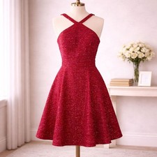 Xscape Red Glittered Fit and Flare Rhinestone Accented Cocktail Dress Size XS-S