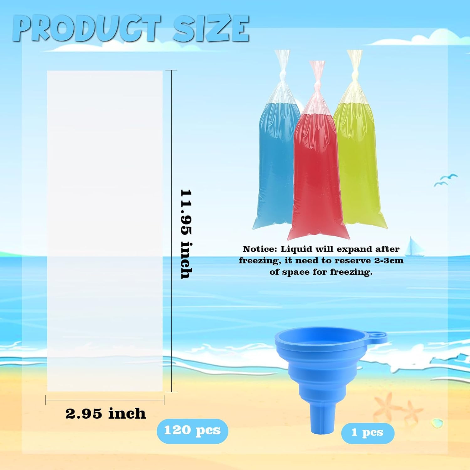 Ice Lolly Bags Disposable, Ice Cream Mold Bags with Silicone Funnel. 3 X 12 Inch