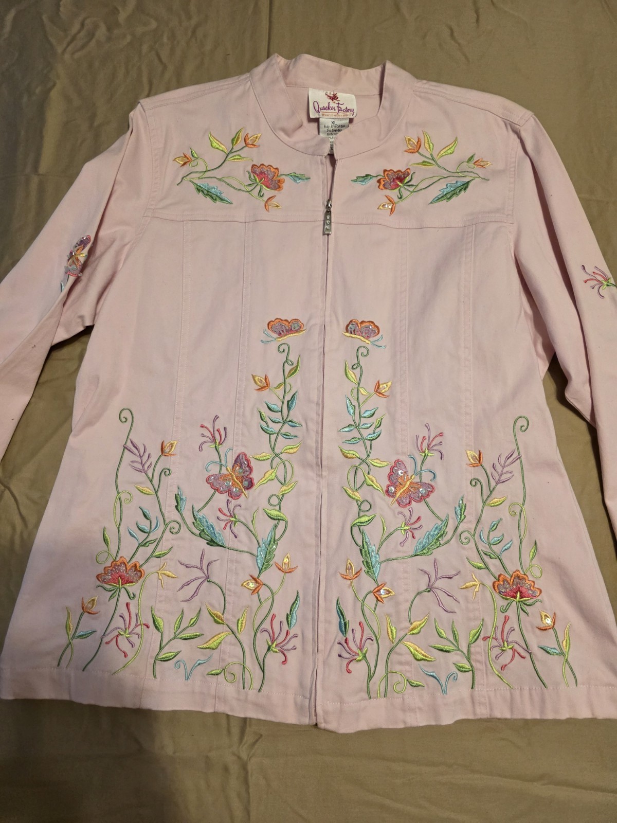 Quacker Factory Women's Pink Jacket Size XL Embroidered Floral Scene Full Zip