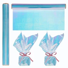 1 Roll 50ft Iridescent Light Blue Cellophane Wrap for Gift Baskets - Colored