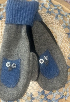 Women s Small Or Child Size 10yr+ Owl Mittens Blue/Gray/Blk With Button Eyes
