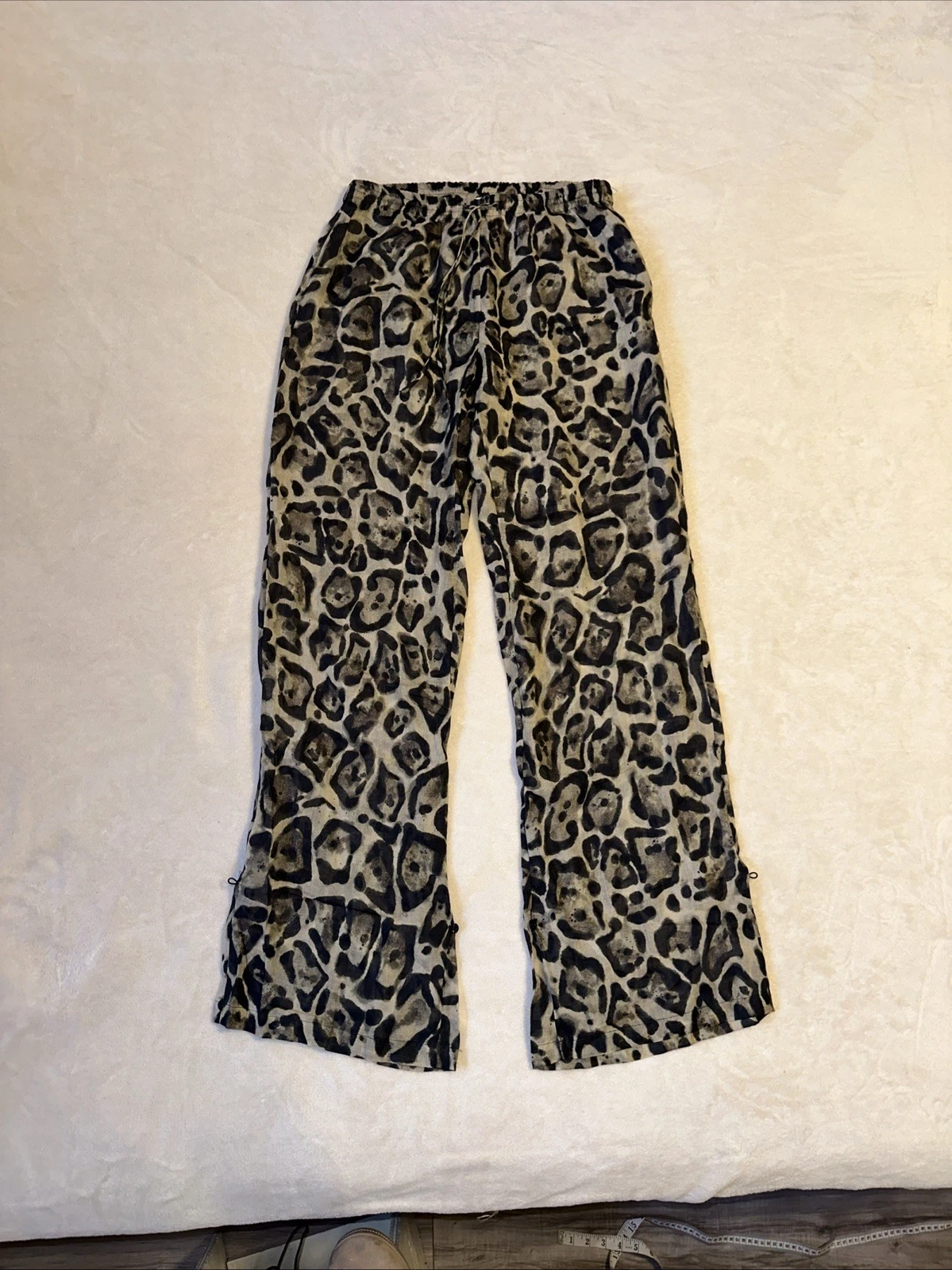 Zara ZW Animal Print Wide Leg Trousers Small Leopard Ramie High Waist Boho Chic