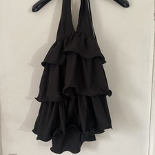 Pretty Little Thing Black Tiered Skirt Hattemeck Skater Dress UK Size 6 (6)