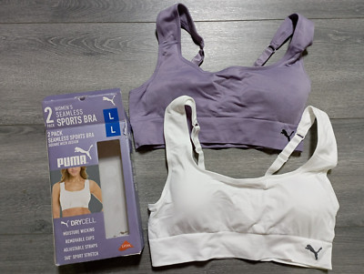 Puma 2 Pack Square Neck Sports Bra Womens Large White/Purple