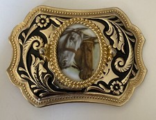 VTG Western Two Horses Picture Cowgirlcore Gold Color Women Belt Buckle sku61