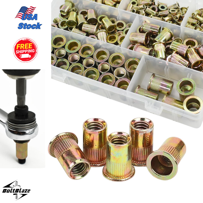175Pcs Zinc Carbon Steel Rivet Nut Kit – M3-M10, Flat Heads