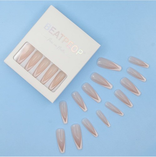 24 Pcs Long Press On Nails Water Pattern Fake Nails Long Coffin Gloss Full Cover - Picture 5 of 6