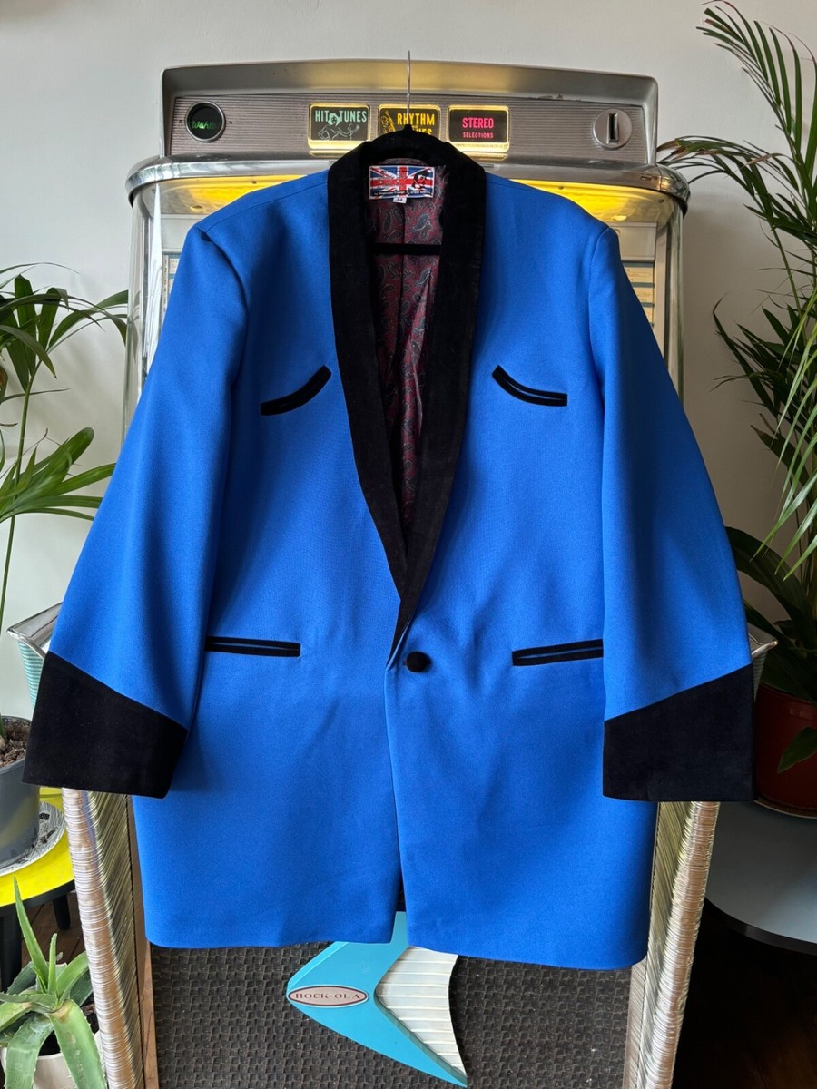 TEDDY BOY DRAPE JACKET ROYAL BLUE With BLACK VELVET ROLL COLLAR SIZE 54
