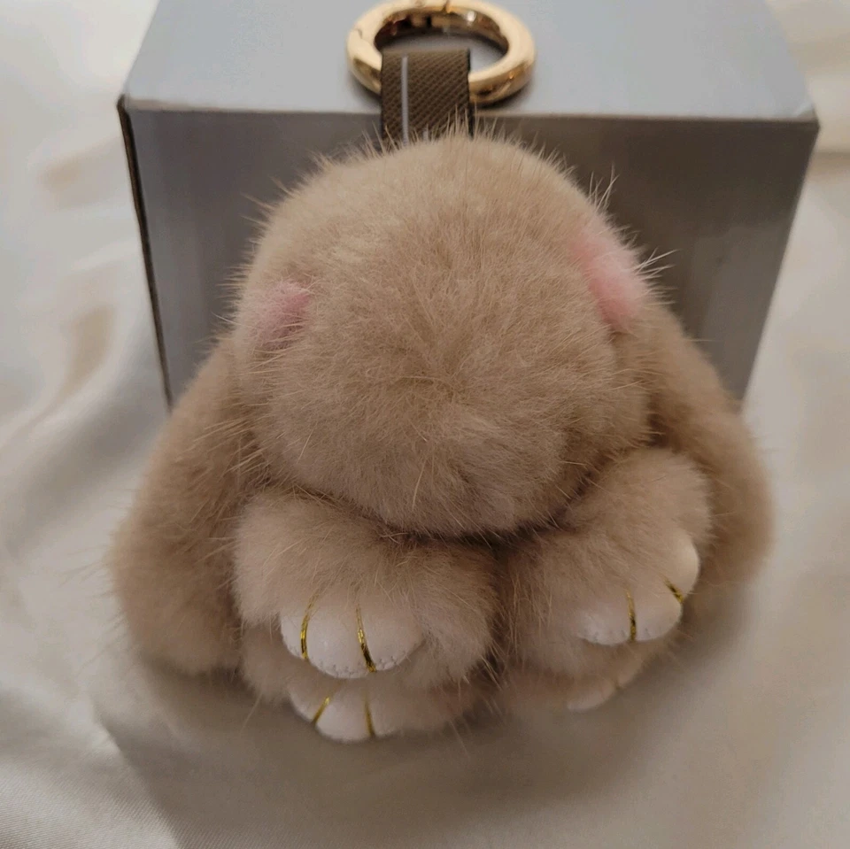 Adorable Mink Fur Bag Charm/Keychain Beige/Pink Eyes Faux Leather Paws - Image 4 of 4