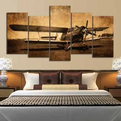 Vintage Aircraft Old Antique Airplane Framed 5 Piece Canvas Wall