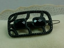 Antique Victorian Mourning Black Faceted Glass Enamel Metal Hair Barrette Clip