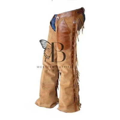 #ad Western leather chap Brown Fringe chap Rodeo chap Cowboy Suede leather Pant $170.00