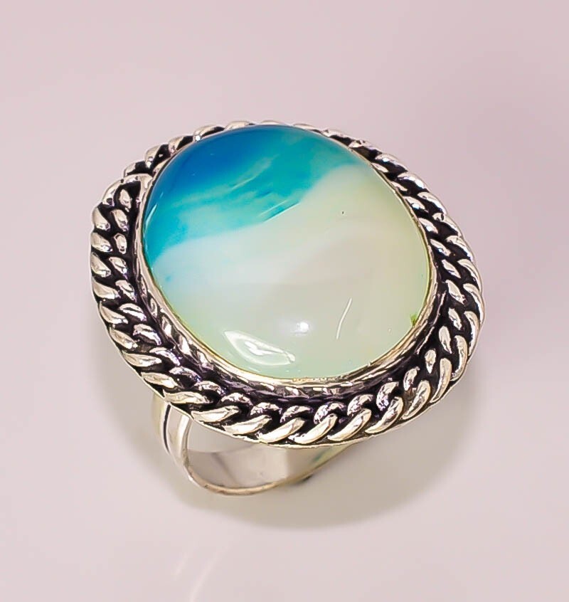 Natural Green Botswana Agate Handmade 925 STERLING SILVER PLATED BAND RING 7