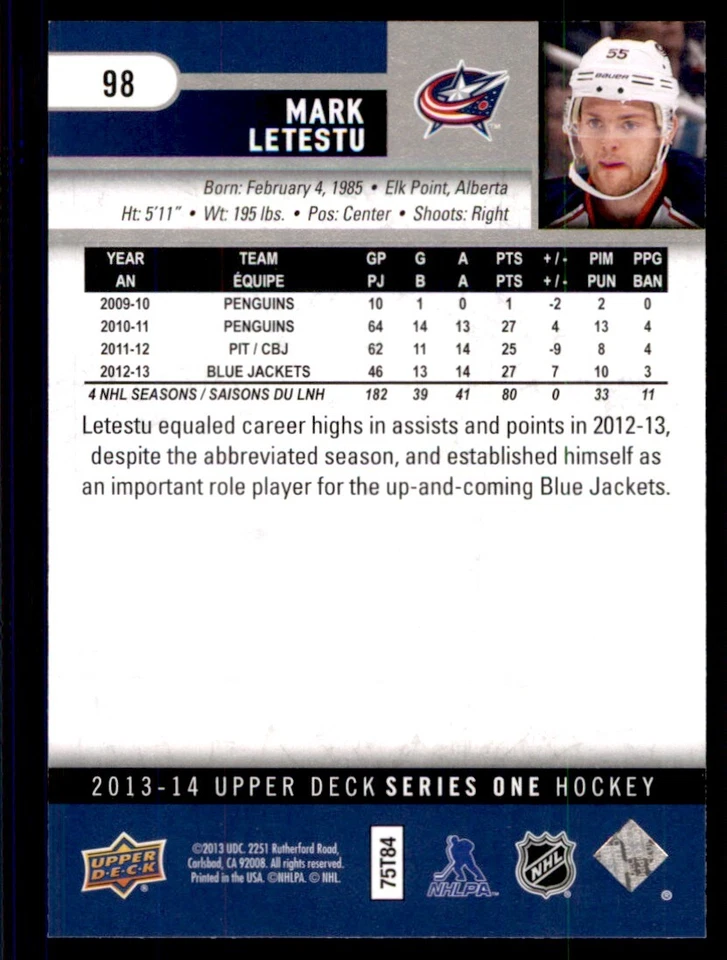 2013-14 Upper Deck Mark Letestu Columbus Blue Jackets #98 - Image 2 of 2