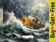 Dramatic Stormy Sea And Ship, Impasto Oil Painting Print 5"x7" on Matte Paper