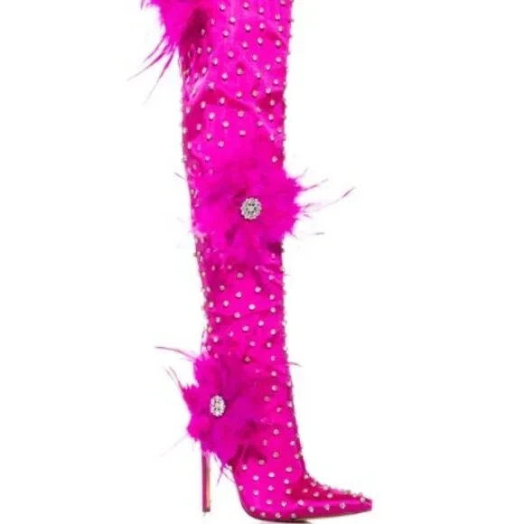 AZALEA WANG " TOP TIER " Size: 11 in FUCHSIA or BLACK SATIN FEATHER FLOWER BOOTS - Image 3 of 4