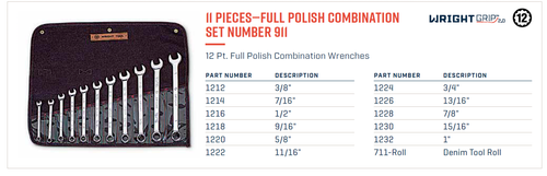 Wright Tool 911 - 11 PC F.P Comb Wrench Set 12 Pt. SAE 3/8"-1" w Canvas Roll - Foto 2 di 3