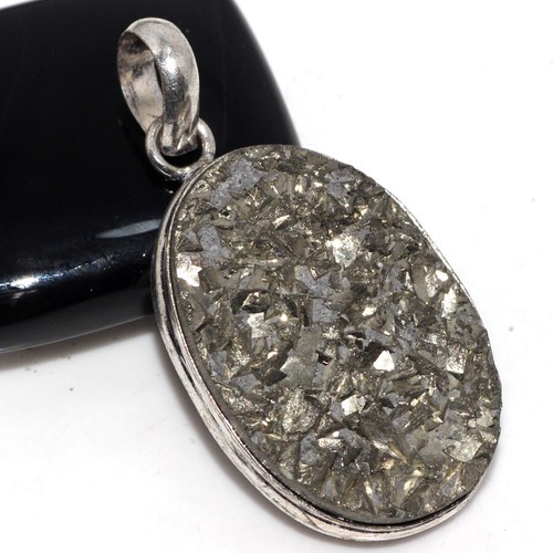 Apache Pyrite Druzy 925 Silver Plated Pendant 1.6" Aesthetic Jewellery GW