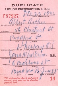 Old 1932 Prohibition Whiskey Prescription Doctor Stub Bar Bradford PA Archer
