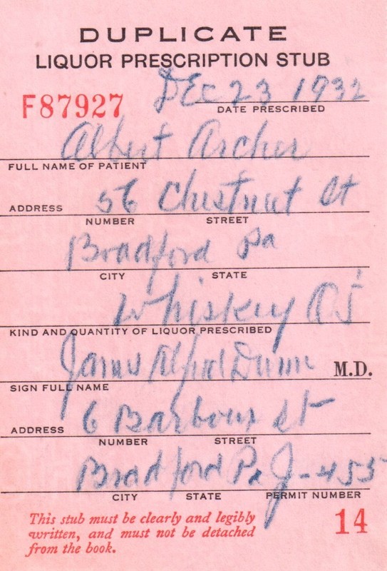 Old 1932 Prohibition Whiskey Prescription Doctor Stub Bar Bradford PA Archer