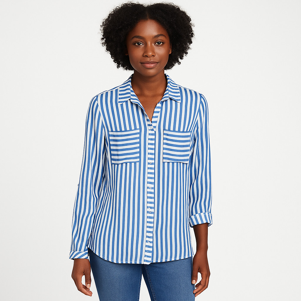 RUBY RD Blue White Striped Button Front Roll Tab … - image 1