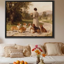 Vintage Corgi Dog Oil Painting Canvas Print Animal Portrait Wall Art Decor