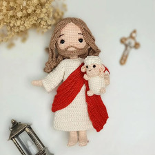 Handmade Jesus Christ Amigurumi Crochet, Christian Doll with Lamb Gift 8 Inch