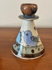 Tonala Mexican Pottery Hand Painted Bird Candle Holder Folk Art 4.5"