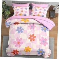 Comforter Set Size, Retro Daisy Pink 7 Pcs Bedding for Kids Full Colorful Daisy