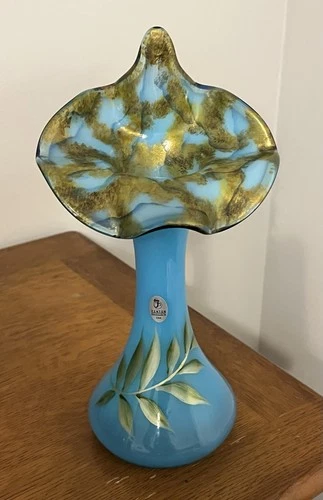 Stunning Fenton Glass Sky Blue “Tulip Gem” Limited Edition Hand Painted Jip Vase