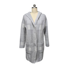 Soft Surroundings Sweater Womens Medium Gray Hooded Open Front Cardigan Plaid