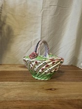 Vintage Spanish Hand-Painted Woven Lattice Pottery Basket Trinket Dish