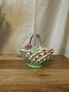 Vintage Spanish Hand-Painted Woven Lattice Pottery Basket Trinket Dish