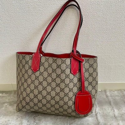GUCCI GG Supreme Reversible Tote Bag Beige Brown Red Trim Canvas 36cm Authentic