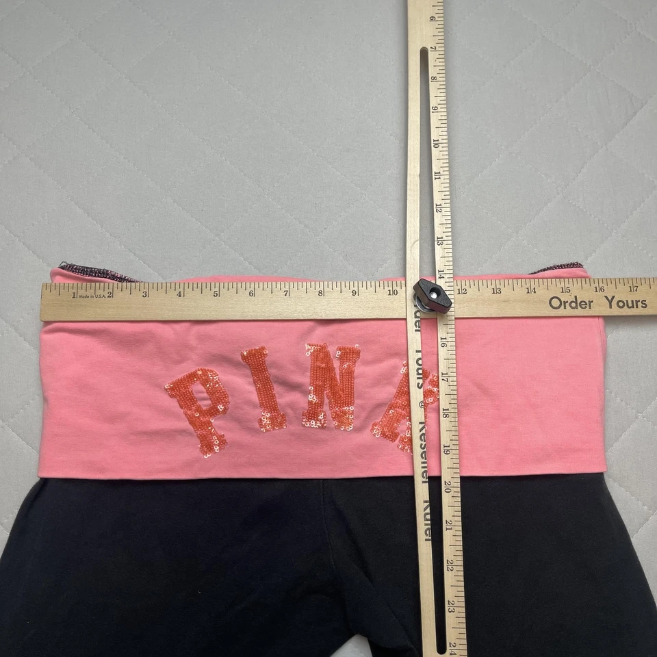 Victoria's Secret PINK Leggings Womens Large Black Pink Yoga Foldover Sequin - Image 4 of 4