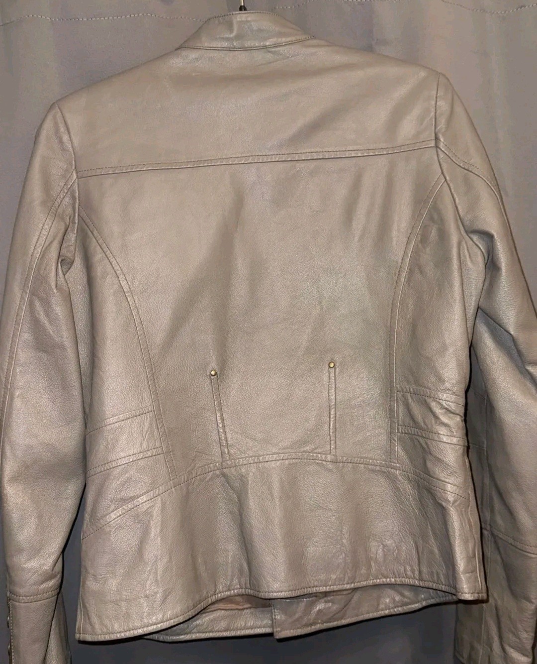 2-Bizzy Y2K Beige Taupe Genuine Leather Biker Utility Jacket UK 10 EU 38 image 3