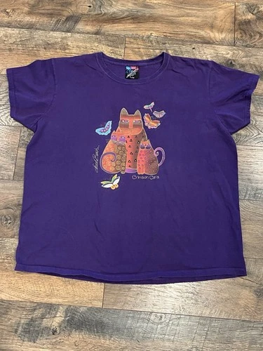 Vintage Y2K Laurel Burch Purple Graphic Cat Butterfly T Shirt XL
