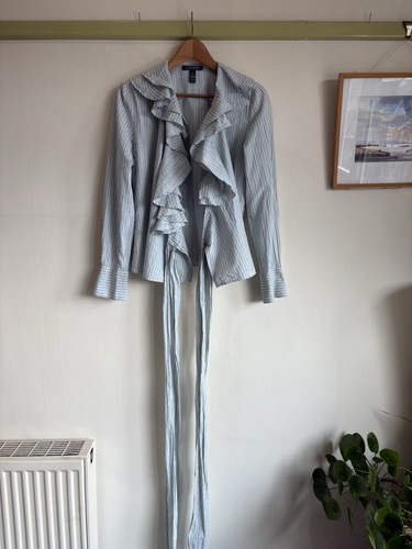 LAUREN RALPH LAUREN Blue Ruffle Wrap Shirt. M. 100% Cotton. Long Waist Ties - Foto 11 di 20