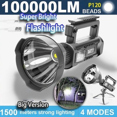 100000LM Flashlight Waterproof Fishing Lantern Spotlight Searchlight Power Bank